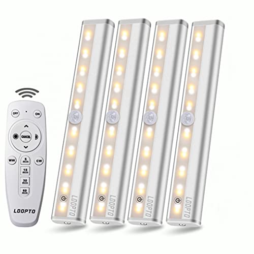LDOPTO Remote Control Cabinet Light 4PACK, Dimmable 10-LED Wireless Under Counter Lighting, Battery Operated Closet Light, Stick-on Touch Sensor Night Light, 2 Control Methods (Remote/Touch Control)