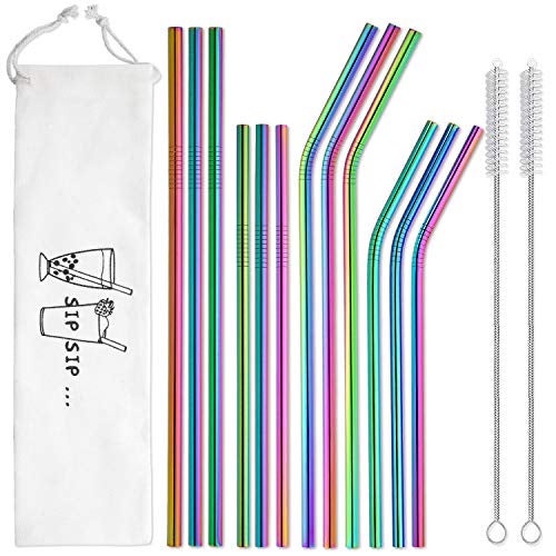 Hiware 12-Pack Rainbow Metal Straws Reusable with Case - Stainless Steel Drinking Straws for 30oz and 20oz Tumblers Yeti Dishwasher Safe, 2 Brushes Included