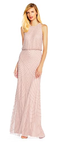 Adrianna Papell Women's Art Deco Beaded Blouson Dress with Halter Neckline, Blush, 18