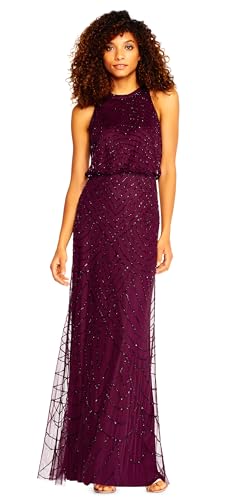 Adrianna Papell Women's Art Deco Beaded Blouson Dress with Halter Neckline, Cassis, 12