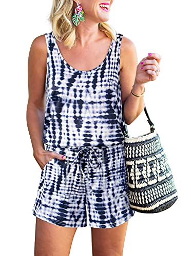 REORIA Womens Casual Summer One Piece Sleeveless Tank Top Striped Playsuits Short Jumpsuit Beach Rompers Tie Dye Navy Blue Small