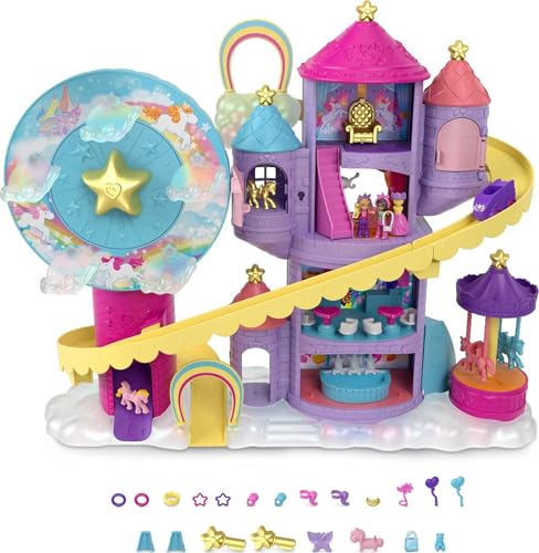 Polly Pocket ​ Rainbow Funland Theme Park, 3 Rides, 7 Play Areas, Polly and Shani Dolls, 2 Unicorns & 25 Surprise Accessories (30 Total Play Pieces), Dispensing Feature for Surprises