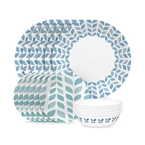 Corelle Global Collection Vitrelle 18-Piece Dinnerware Set Triple Layer Recycled Glass, Lightweight Eco-Friendly Round Plates and Bowls Set, Northern Pines