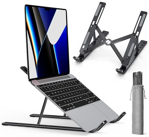 ivoler Laptop Stand, Foldable Adjustable 6-Angle Laptop PC Riser, Anti-Slip Ventilated Aluminum Stand Compatible with Laptop, Tablet – Black