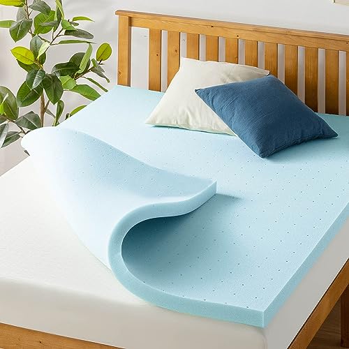 Best Price Mattress 2 Inch Ventilated Memory Foam Mattress Topper, Cooling Gel Infusion, King, Blue