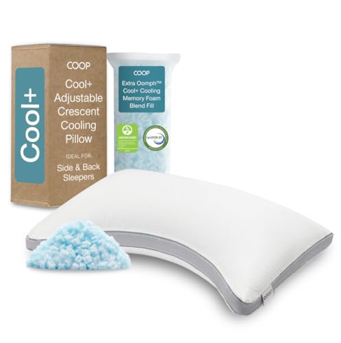 Coop Home Goods Eden Cool+ Crescent Pillow, Queen Size Plus Shaped Memory Foam Pillows with Cooling Gel, Back or Side Sleeper Pillow, Adjustable Neck Support for Sleeping, CertiPUR US/GREENGUARD Gold