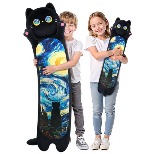 Mewaii Long Cat Plush Kawaii Kids Plush Toy Pillows, Cute Black Cat Stuffed Animals Soft Plushies, Kitten Big Plush Toys Throw Body Pillow Doll Gift for Girls Boys (Black Starry Cat 20 Inch)