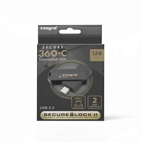 Integral Secure 360-C 128GB Software Encrypted USB Flash Drive - USB-C Port - 256-bit AES Encryption - Compatible with Mac, MacBook, PC, Laptop