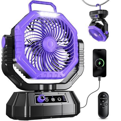 VTHW Camping Fan, 20000 mAh Rechargeable Fan with LED Light & Hook, 270° Rotation, Continuous Speed, Timer Mode, USB Table Fan for Indoor Outdoor (Purple)