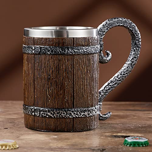 Meyas Wooden Barrel Beer Mug, Wooden Jug, Stainless Steel Beer Mugs, Beer Mugs, Coffee Mugs, Beer Mug for Bar Home Decoration, Drinking Cup for Coffee, Double-Walled Drinkware with Handle 17 oz/500 ml