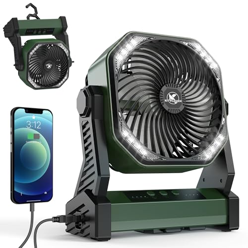 KITWLEMEN 20000mAh Battery Powered Camping Fan - 58H Max Cooling, Rechargeable Battery Operated Desk Fan with 4 Speeds, Bright Light & Hanging Hook, Portable for Tent Outdoor Hurricane Power Outage