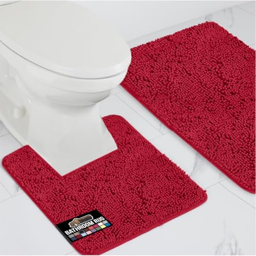 Gorilla Grip Soft Chenille Area Rug Set, 2 Piece Sets, Toilet Base Mat & 30x20 Mat, Absorbent Washable Mats, Microfiber Dries Quickly, Bath Rugs for Tub, Bathroom, Red