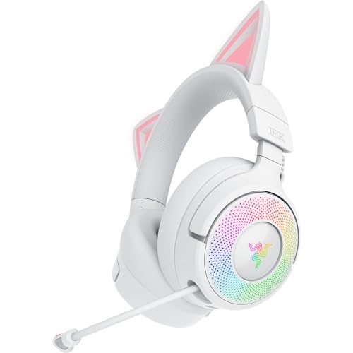 Razer Kraken Kitty V3 Pro White Edition Wireless Gaming Headset, RGB Compatible, Cat Mice That Reacts to Broadcasting and Gaming, HyperSpeed Wireless, Bluetooth, USB Connection, Retractable HyperClear