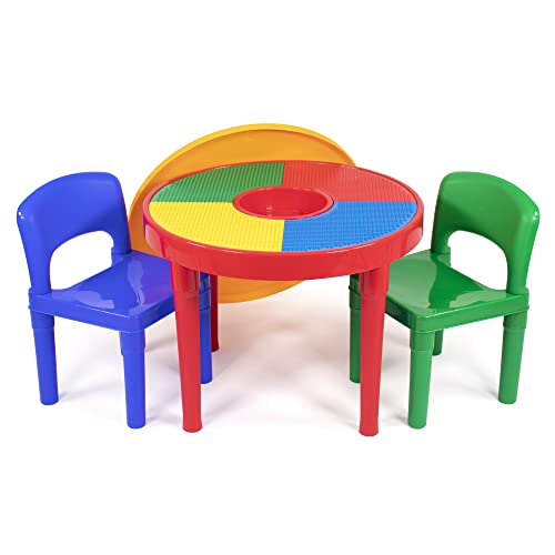 Humble Crew, Round, Kids 2-in-1 Plastic Building Blocks-Compatible, Dry Erase Activity Table and 2 Chairs Set, Red/Green/Blue, Primay