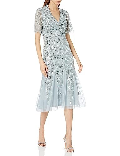 Adrianna Papell Women's Beaded Tuxedo MIDI Dress, Blue Heather, 16