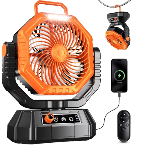 VTHW Camping Fan, 20000 mAh Rechargeable Fan with LED Light & Hook, 270° Rotation, Continuous Speed, Timer Mode, USB Table Fan for Indoor Outdoor (Orange)