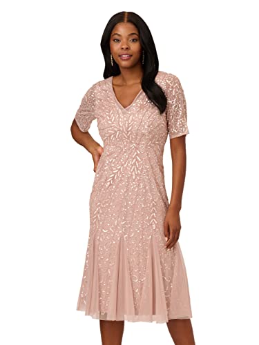 Adrianna Papell Women's Beaded Midi Dress with Godets, Steel Rose, 10