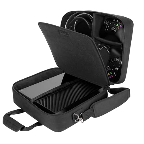 USA Gear Console Carrying Case Fits Xbox One, Series S, Xbox 360 - Travel Case with Water Resistant Exterior, Customizable Accessory Storage for Controllers, Power Cables Gaming Headset & more - Black