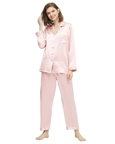 LilySilk Silk Pajamas for Women Comfy Two Piece Set Long Sleeve 16 Momme Real Mulberry Silk Sleepwear Ladies Light Pink M/8-10