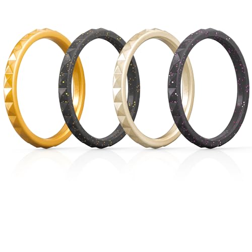 ThunderFit Thin and Stackable Silicone Rings, 4 Pack Silicone Wedding Bands for Women - Diamond Pattern