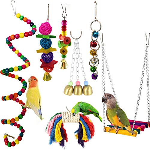 Bird Toy, Camiter 7 Pieces Parrot Toy Chew Toy Birds Toy Swing Toy with Wooden Ladder, Rope Bass for Parakeets, Small and Medium Bird Parrot