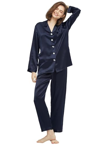 LilySilk Silk Pajamas for Women Comfy Two Piece Set Long Sleeve 21 Momme Real Mulberry Silk Sleepwear Ladies Navy Blue M/8-10
