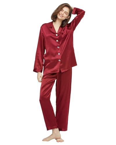 LilySilk Silk Pajamas for Women Comfy Two Piece Set Long Sleeve 16 Momme Real Mulberry Silk Sleepwear Ladies Red M/8-10