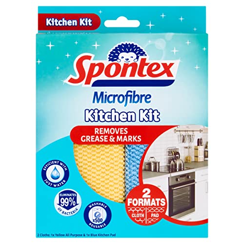 Spontex Microfibre Kitchen Kit (2 Cloths), Removes 99% of Bacteria