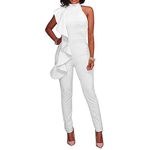 Engood Women's Sexy Ruffle Strapless High Waist Clubwear Long Wide Leg Pants Jumpsuit Rompers White XL