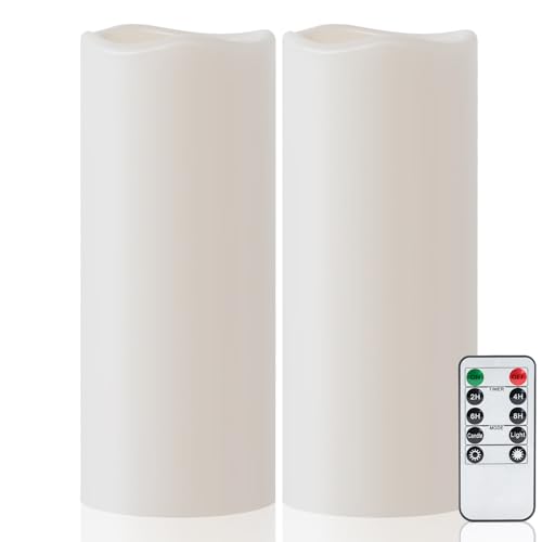 Amagic 2 Pack 10" x 4" Outdoor Plastic Electric flameless Candles with Remote Control and Timer, Battery Operated Flickering LED Pillar Fake Candle for Home, Wedding Decor, Ivory