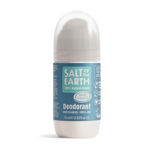 Salt of the Earth Refillable Natural Deodorant Roll On Ocean & Coconut - Effective Protection, 100% Natural ingredients, Eco friendly, Vegan, Cruelty Free. Suitable for Men, Women & Kids - 75ml