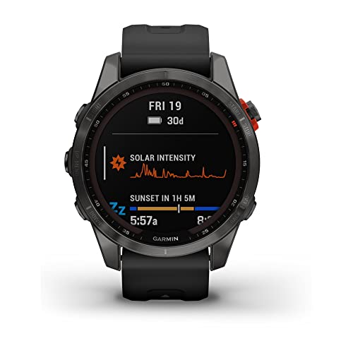 Garmin fenix 7S Solar, Smaller sized adventure smartwatch, with Solar Charging Capabilities, Rugged outdoor watch with GPS, touchscreen, health and wellness features, slate gray with black band