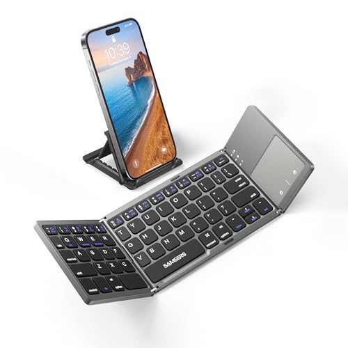 Samsers Foldable Bluetooth Keyboard with Touchpad - Portable Wireless Keyboard with Stand Holder, Rechargeable Full Size Ultra Slim Pocket Folding Keyboard for Android Windows IOS Tablet & Laptop-Gray