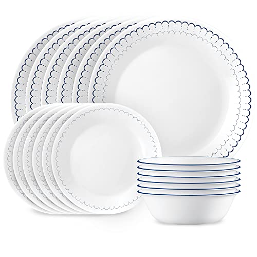 CORELLE 18-Piece Dinnerware Set, Service for 6, Lightweight Round Plates and Bowls Vitrelle Triple Layer Glass, Chip Resistant, Microwave Dishwasher Safe, Caspian, Standard