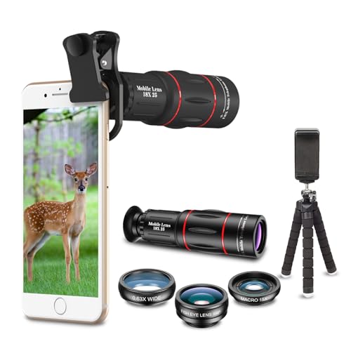 APEXEL 8 in 1 Phone Camera Lens Kit 18X Tele Telescope Zoom Lens Wide Angle Macro Fisheye Kaleidoscope 6 Star Filter for iPhone Huawei and Most Smartphone Remote Shutter Tripod