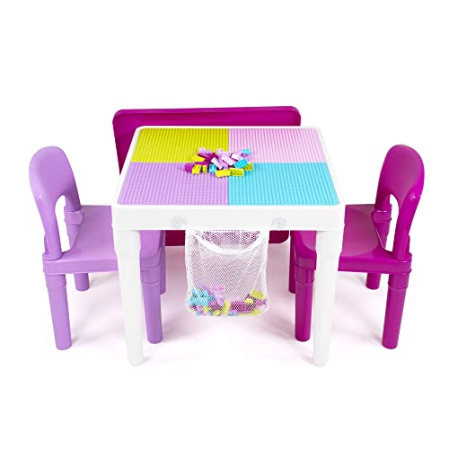 Tot Tutors Kids 2-in-1 Plastic Building Blocks-Compatible Activity Table and 2 Chairs Set, Square, Bright Colors