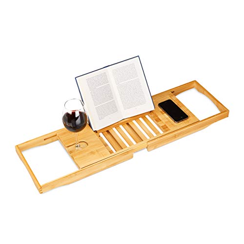 Relaxdays Bamboo Bathtub Tray with Book Support, Hxwxd 17.5 x 70 x 22 cm, Wine Glass Holder, Bath Caddy, Shelf, Natural Brown