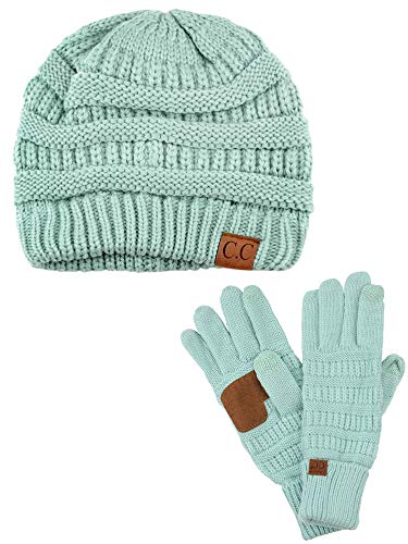 C.C Unisex Soft Stretch Cable Knit Beanie and Anti-Slip Touchscreen Gloves 2 Pc Set, Mint