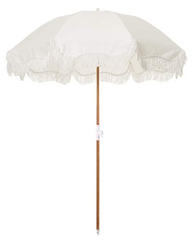 Business & Pleasure Co. Holiday Umbrella - Boho Beach Umbrella with White Fringe, UPF 50+, 1" Tilting Wood Pole, 5’ x 6.5’, Antique White