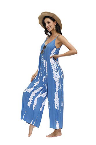 BUENOS NINOS Women's V Neck Floral Wide Leg Pants Boho Printed Adjustable Spaghetti Strappy Long Jumpsuit with Pockets Tie Dye Blue Jumpsuit XXL