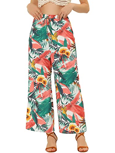Allegra K Women's Palazzo Boho Floral Drawstring Waist Casual Tropical Wide Leg Pants with Pockets, White, Large
