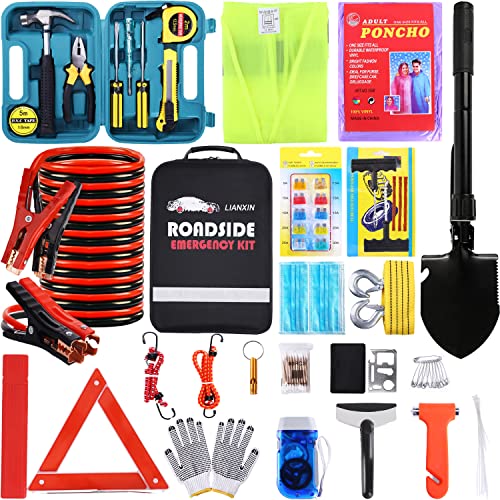 LIANXIN Car Emergency Roadside Kit - Auto Vehicle Safety Road Side Assistance Kits with Jumper Cables kit, Safety Hammer, Tow Rope, Reflective Warning Triangle