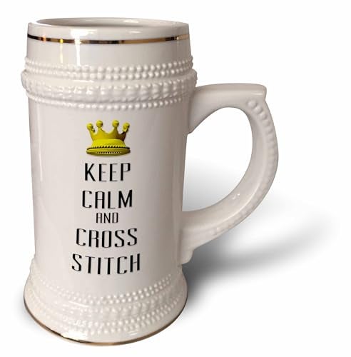 3dRose Gold Crown Keep Calm And Cross Stitch - Stein Mug, 18oz, 22oz, White