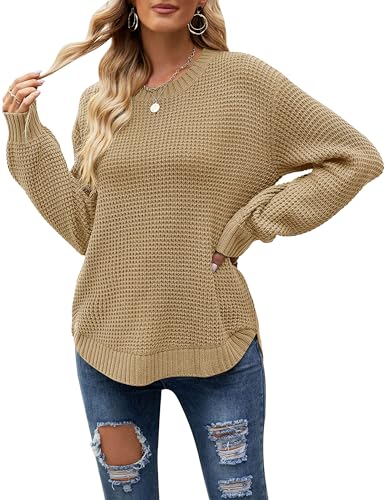 MEROKEETY Women's Fall Long Sleeve Sweater 2025 Casual Trendy Crew Neck Waffle Knit Pullover Tops Jumper, Lightbrown, Small