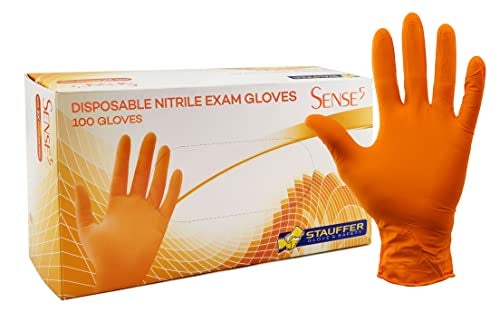 Orange Disposable Nitrile Gloves, 5 mil, Stauffer Sense5, Latex Free, Fully Textured, 9.5" Long Cuff, Tough & Strong - Large (Box of 100)