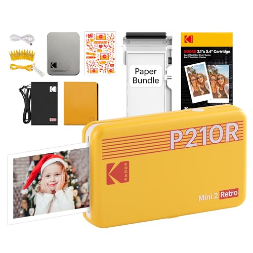 KODAK Mini 2 Retro 4PASS Portable Photo Printer (2.1x3.4") + 68 Sheets Gift Bundle, Yellow