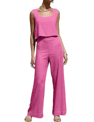 ROYLAMP Women's Summer 2 Piece Outfits Sleeveless Square Neck Tops Wide Leg Pants set Jumpsuit with Pockets, Rose Red, X-Small