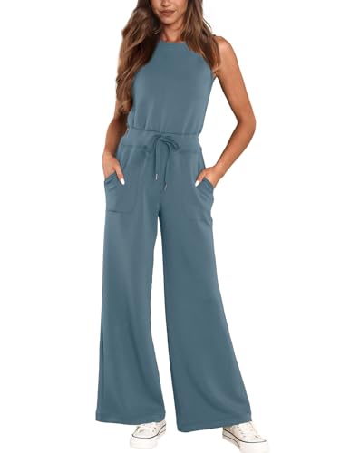 Glamaker Women's Air Essentials Jumpsuit Casual Loose Wide Leg Jumpsuit Rompers Crew Neck Sleeveless Long Pants Tank Overalls, #Teal Blue, Small