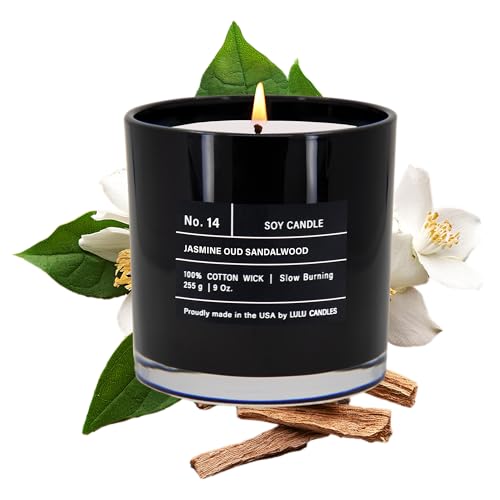 Lulu Candles | Jasmine, Oud & Sandalwood | Luxury Scented Soy Jar Candle | Hand Poured in The USA | Highly Scented & Long Lasting- 9 Oz. NO LID