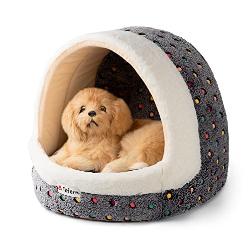 Tofern Colorful Dots Patterns Striped Cute Pet Fleece Bed Puppy Small Medium Dog Cat Sleeping Igloo House Non-Slip Warm Washable